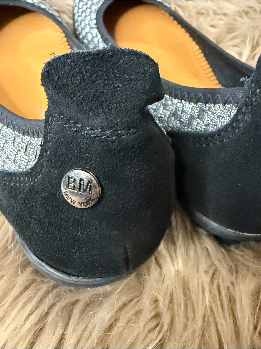 bernie mev. Hazel- Silver Gray Woven Ballet Flats with Black Traction bottom, 8